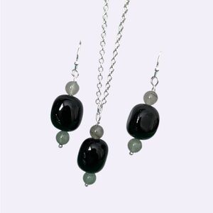 Silver plated Black Crystal and jade green beads Jewelry Set